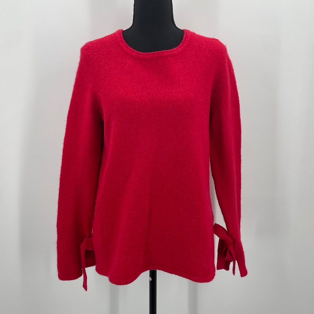 J McLaughlin Red Merino Wool Baby Alpaca Blend Sweater Bow Cuff Size M‎ READ!